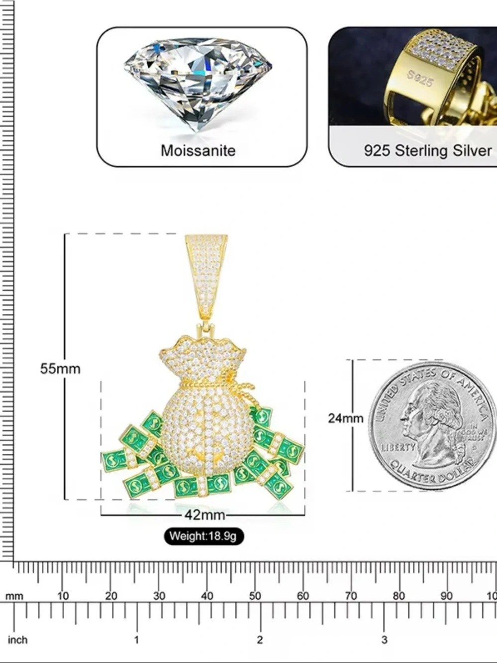 Luxury Moissanite Money Bag Pendant Necklace with Green Accents